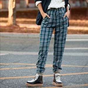 Free People Here and There Trouser Green Plaid  0